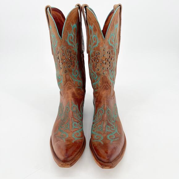 Lucchese Women’s 11 Cognac Leather Teal Stitch Studded Pointed Toe Cowgirl Boots - Picture 5 of 12